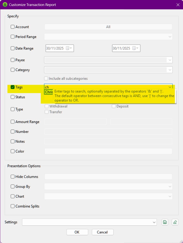 Transaction Report with Tag filter highlighted