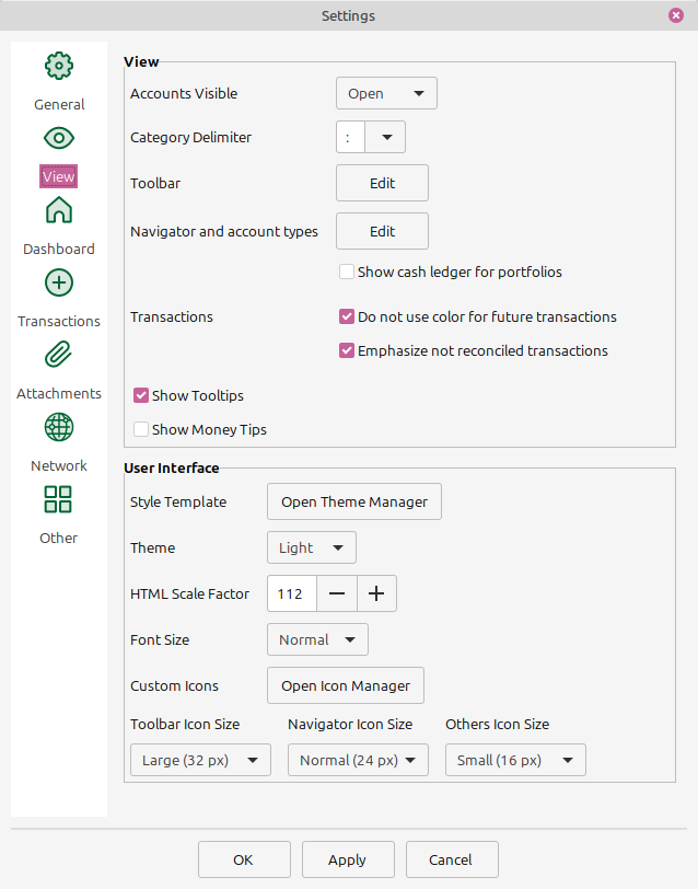 Settings view panel