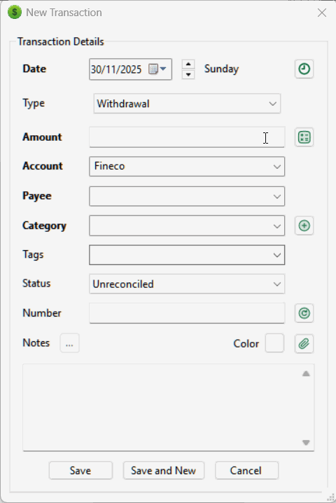 New/Edit Transaction window showing the Tags field