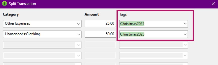 New/Edit Transaction window showing the Tags field