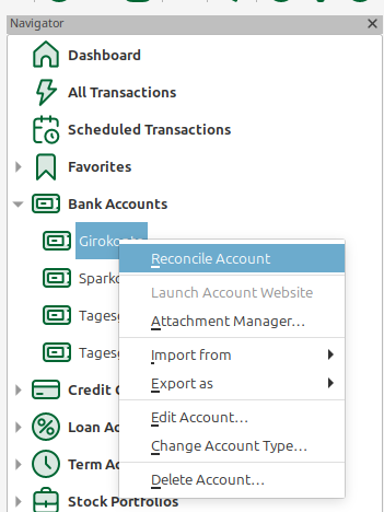 Navigator account context menu