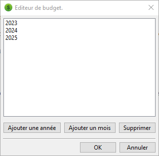 Boîte de dialogue de l'éditeur de budget