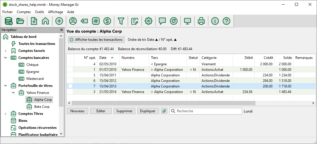 Vue du compte de titres Alpha Corp