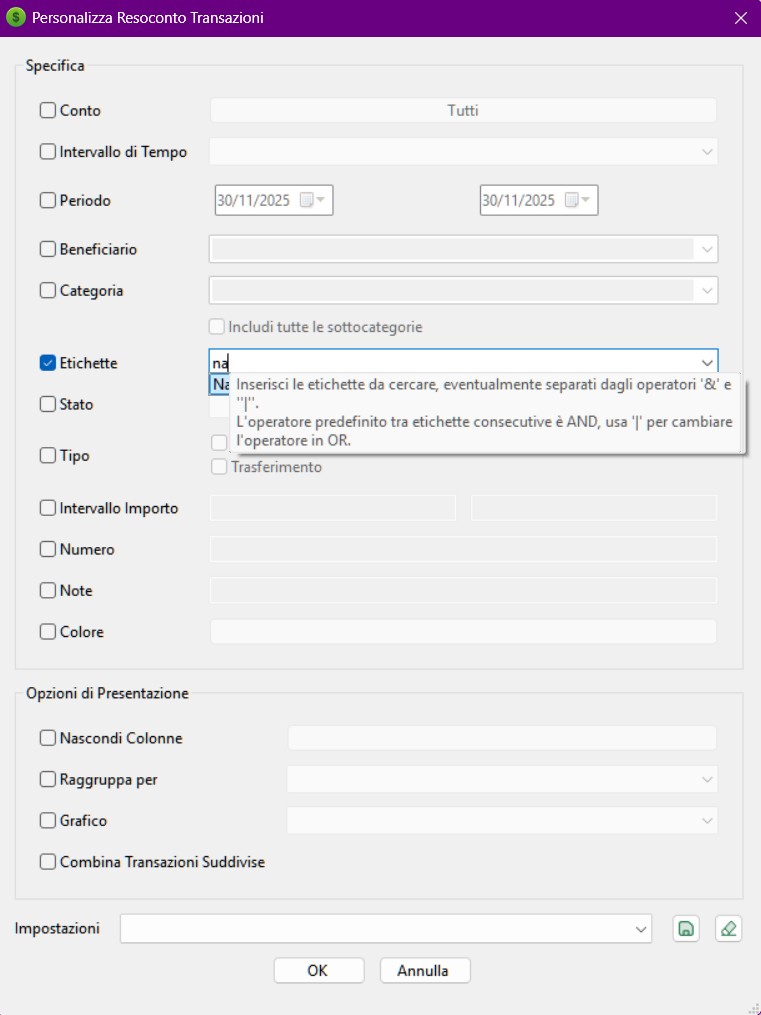 Filtro Etichette Evidenziato nel Resoconto Transazioni