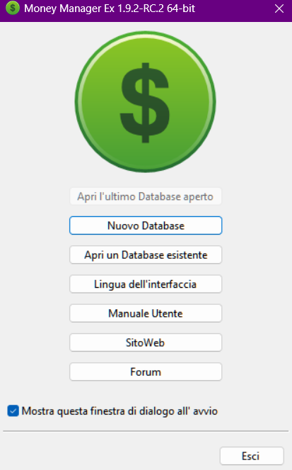 Schermata iniziale senza database