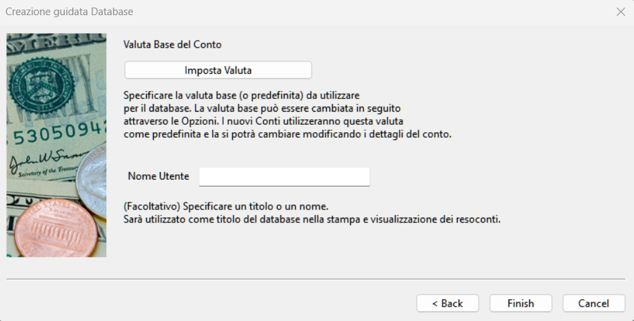 Wizard creazione database: valuta e nome utente