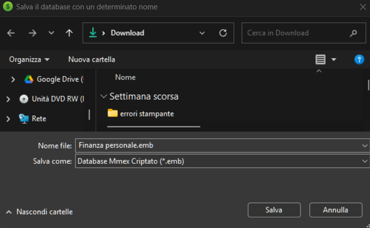 Salvataggio database criptato