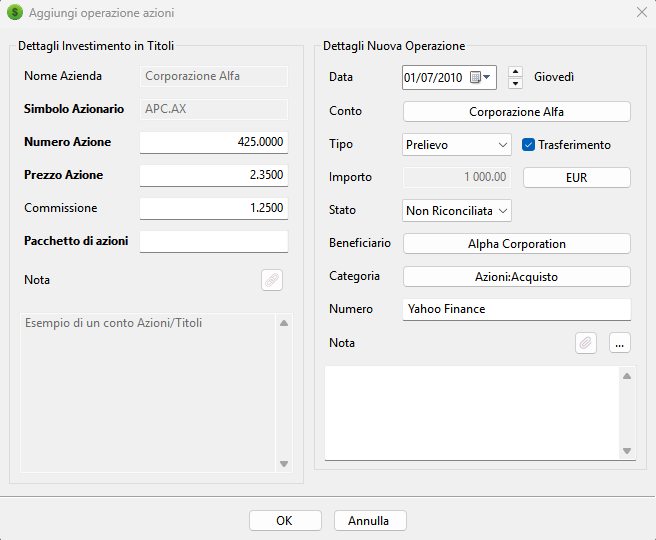 Aggiunta d'Azioni alla nostra transazione