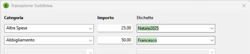 Campo Etichette in Nuova Transazione