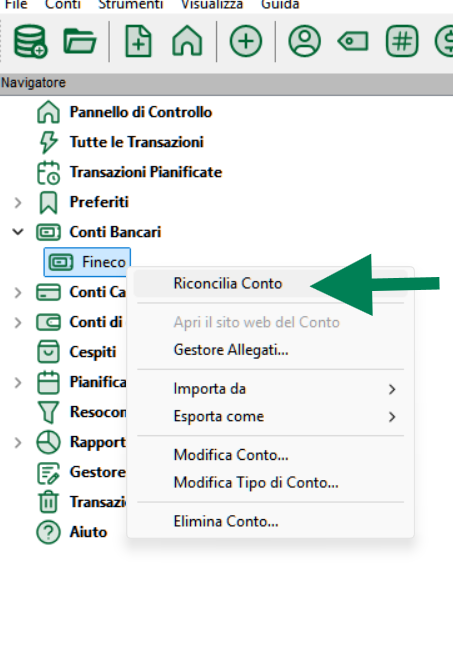 Menu contestuale del conto nel Navigatore