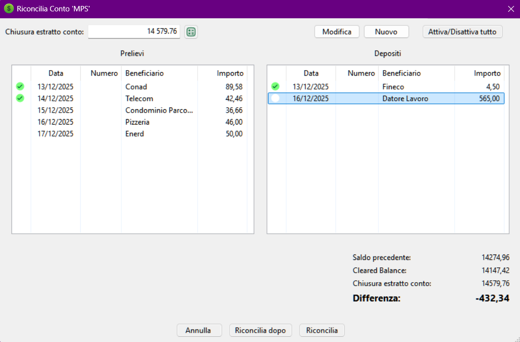 Finestra di dialogo Riconciliazione